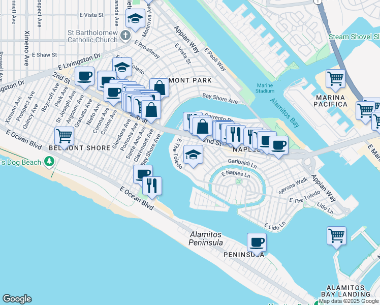 map of restaurants, bars, coffee shops, grocery stores, and more near 115 Venetia Drive in Long Beach