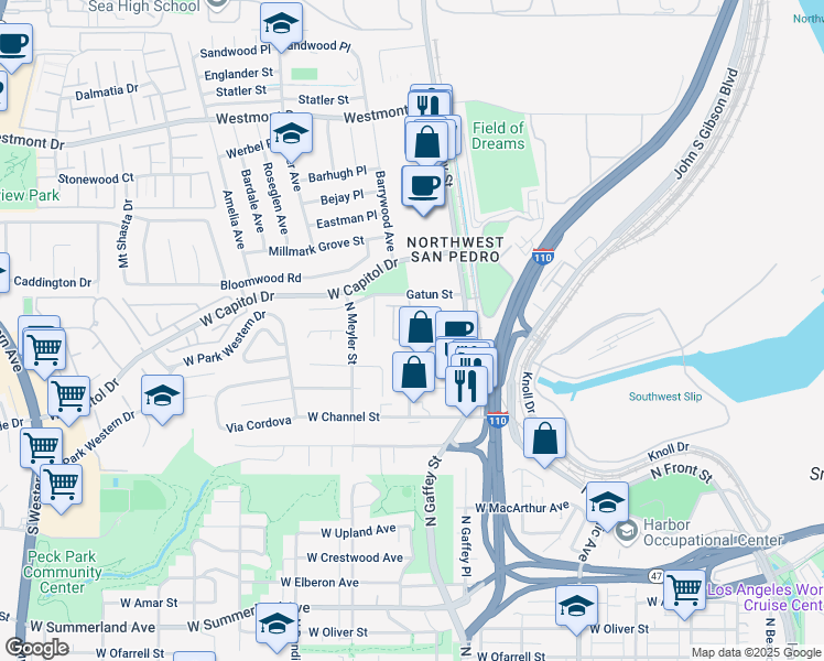 map of restaurants, bars, coffee shops, grocery stores, and more near 790 West Basin Street in Los Angeles
