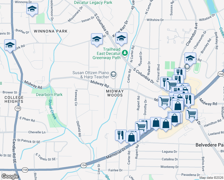 map of restaurants, bars, coffee shops, grocery stores, and more near 2755 Midway Road in Decatur