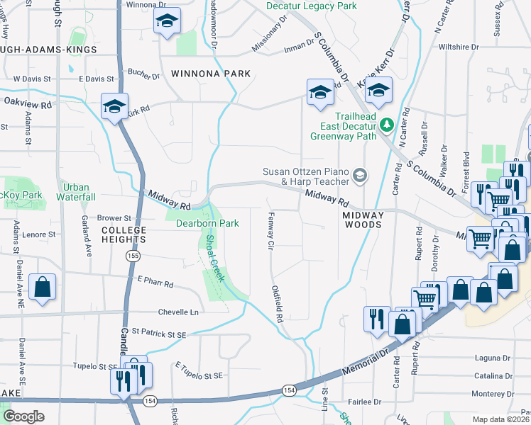 map of restaurants, bars, coffee shops, grocery stores, and more near 1299 Fenway Circle in Decatur