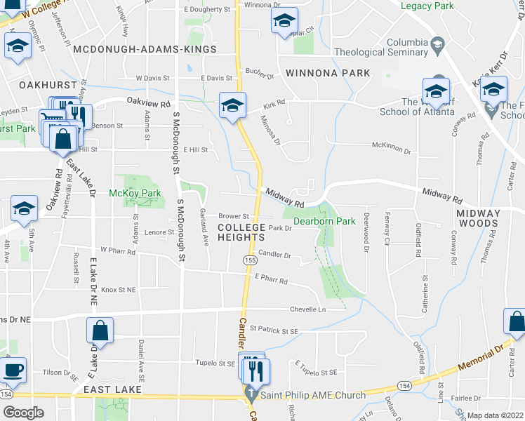 map of restaurants, bars, coffee shops, grocery stores, and more near 116 Park Drive in Decatur