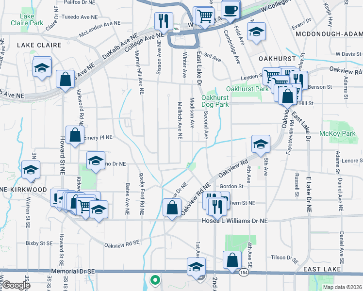 map of restaurants, bars, coffee shops, grocery stores, and more near 327 Madison Avenue in Decatur