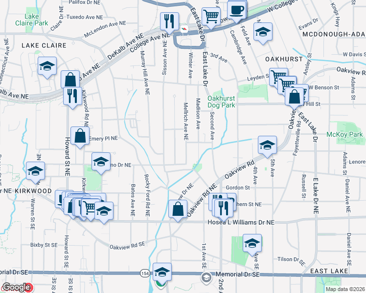 map of restaurants, bars, coffee shops, grocery stores, and more near 150 Mellrich Avenue Northeast in Atlanta