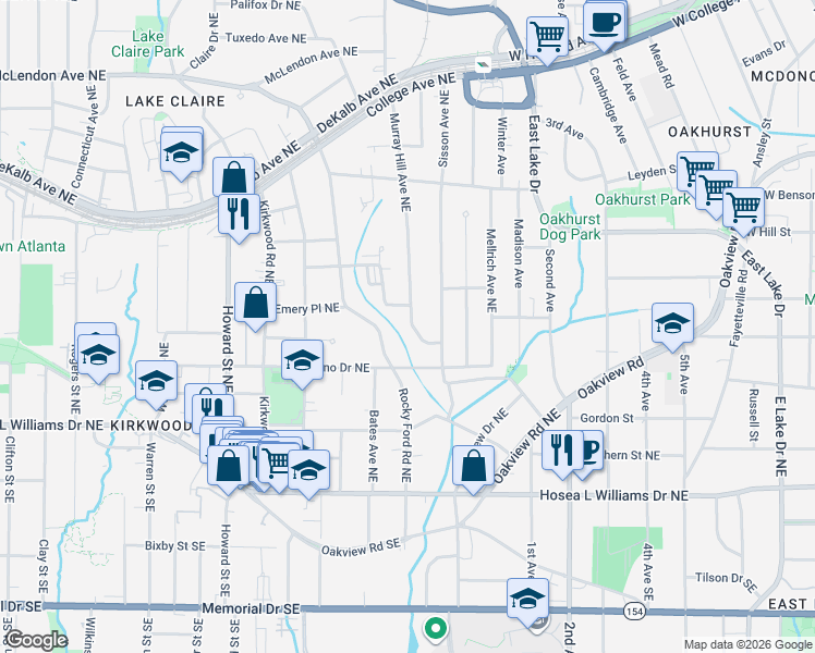 map of restaurants, bars, coffee shops, grocery stores, and more near 131 Rockyford Road Northeast in Atlanta