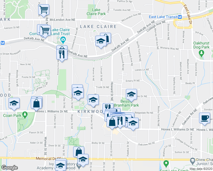 map of restaurants, bars, coffee shops, grocery stores, and more near 1945 Trotti Street Northeast in Atlanta
