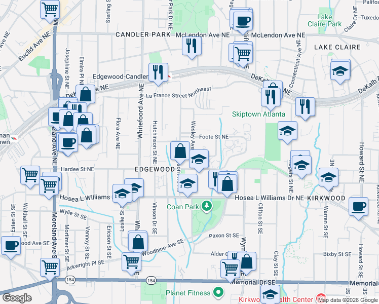 map of restaurants, bars, coffee shops, grocery stores, and more near 82 Wesley Avenue Northeast in Atlanta