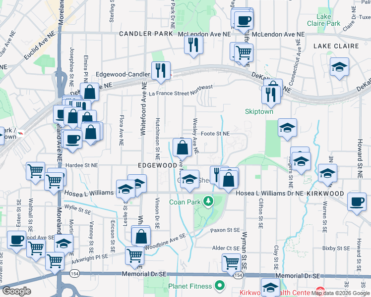map of restaurants, bars, coffee shops, grocery stores, and more near 119 Mayson Avenue Northeast in Atlanta
