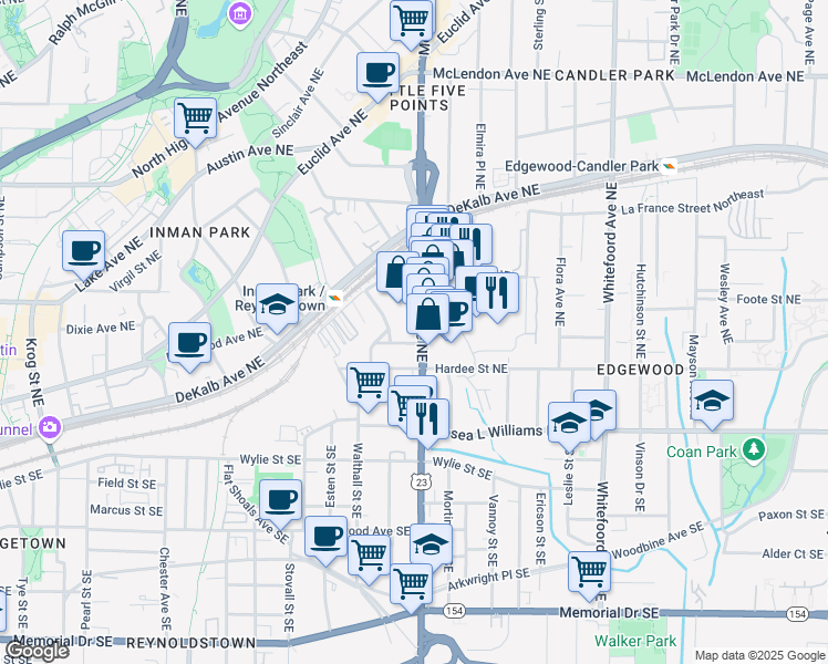 map of restaurants, bars, coffee shops, grocery stores, and more near 1161 Wade Street Northeast in Atlanta