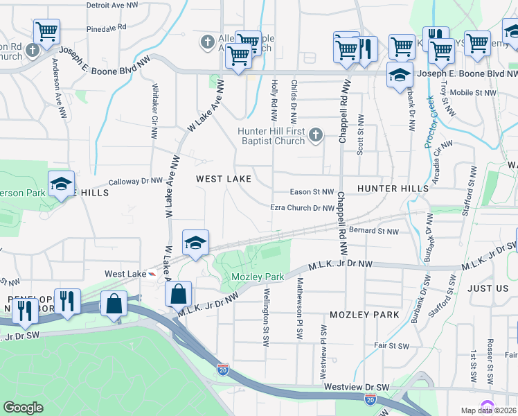 map of restaurants, bars, coffee shops, grocery stores, and more near 1562 Ezra Church Drive Northwest in Atlanta