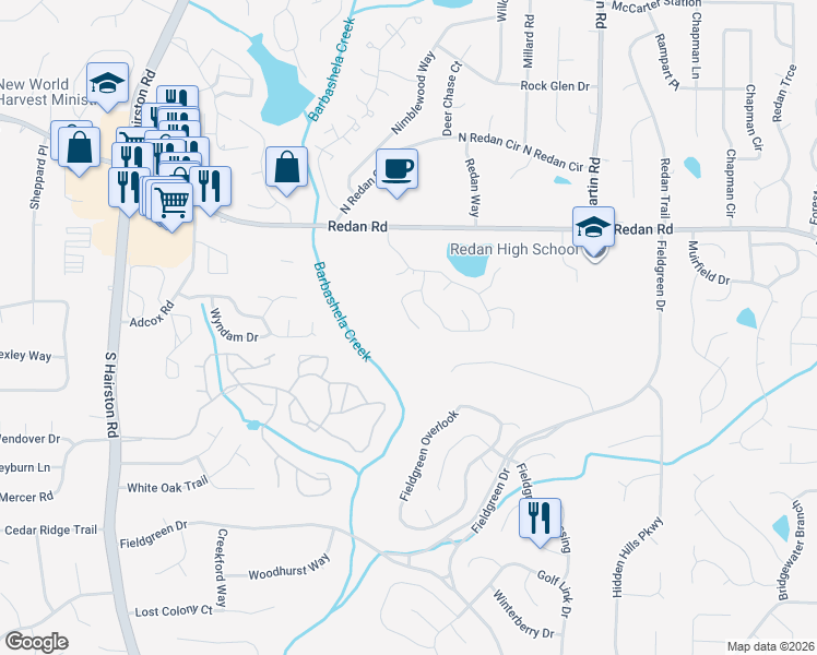 map of restaurants, bars, coffee shops, grocery stores, and more near 4939 Millstone Walk in Stone Mountain