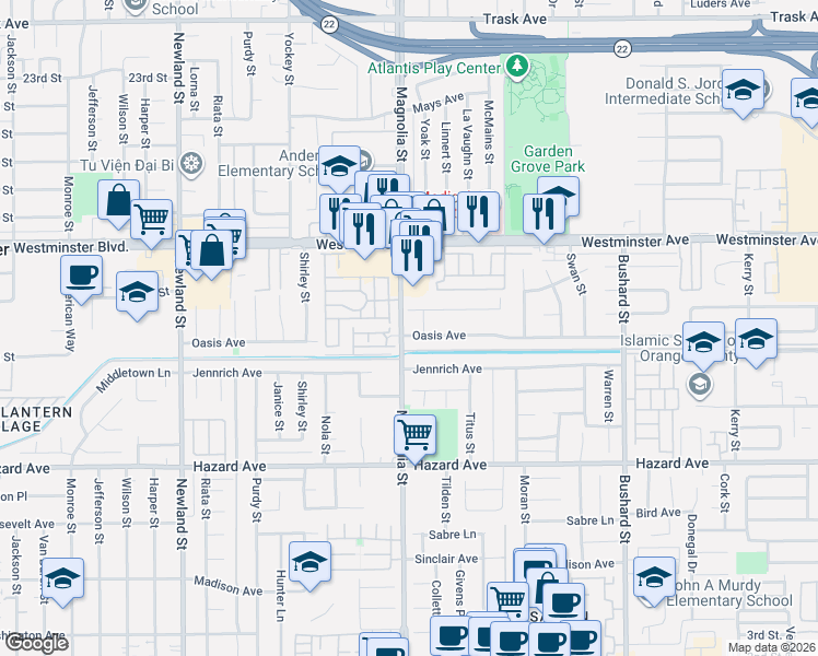 map of restaurants, bars, coffee shops, grocery stores, and more near 9002 Oasis Avenue in Westminster