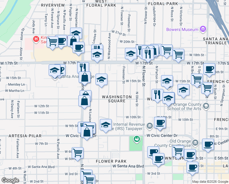 map of restaurants, bars, coffee shops, grocery stores, and more near 1105 West Washington Avenue in Santa Ana