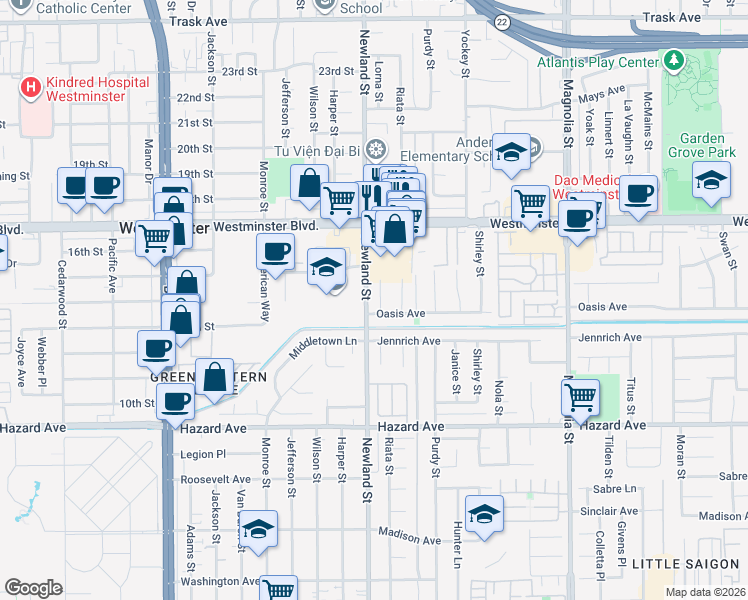 map of restaurants, bars, coffee shops, grocery stores, and more near 8502 Oasis Avenue in Westminster