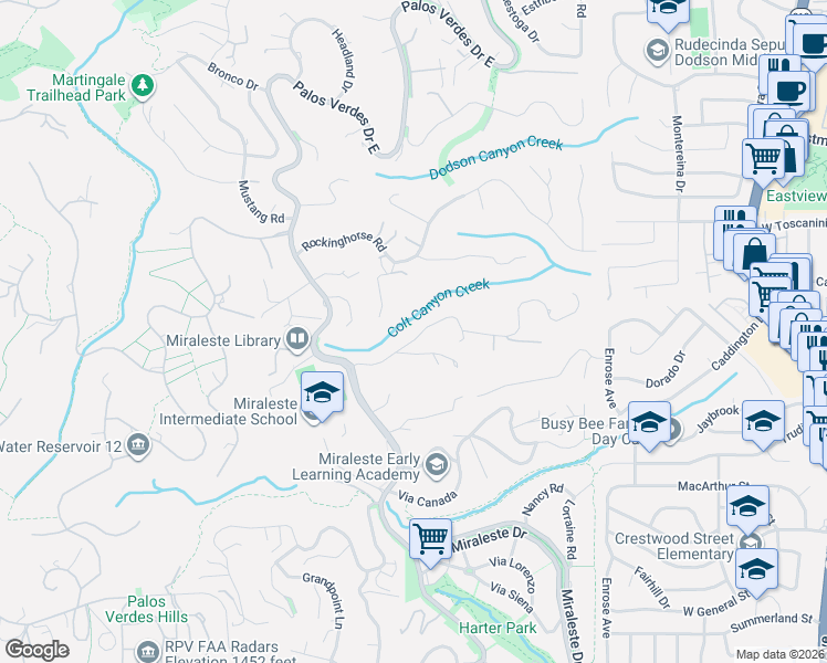 map of restaurants, bars, coffee shops, grocery stores, and more near 2830 Clotilda Lane in Rancho Palos Verdes