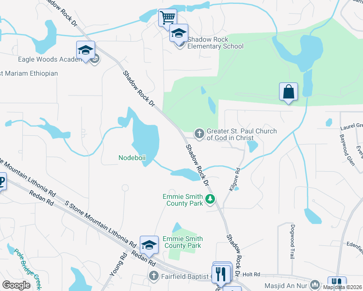 map of restaurants, bars, coffee shops, grocery stores, and more near 6199 Shadow Rock Drive in Lithonia