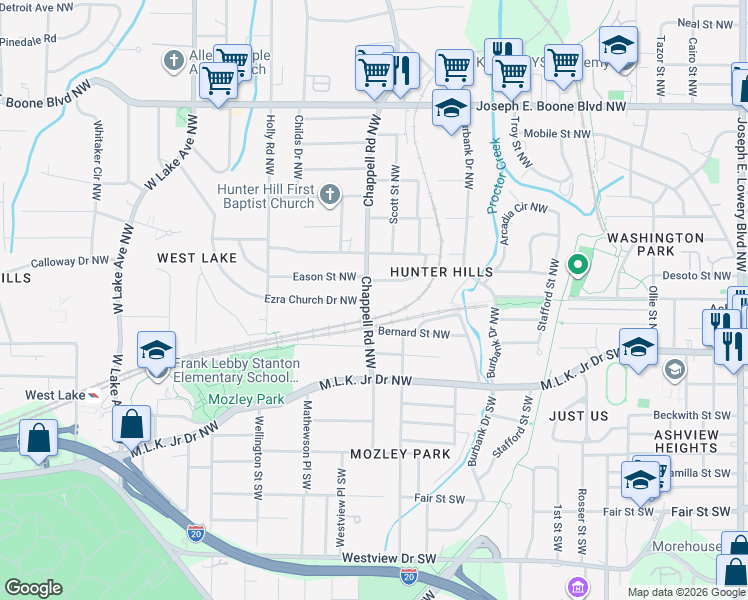 map of restaurants, bars, coffee shops, grocery stores, and more near 26 Chappell Road Northwest in Atlanta