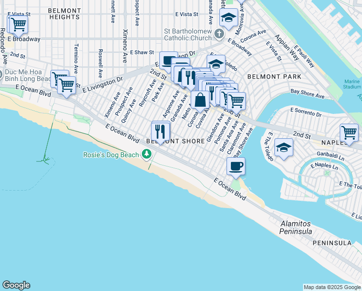 map of restaurants, bars, coffee shops, grocery stores, and more near 52 Corona Avenue in Long Beach