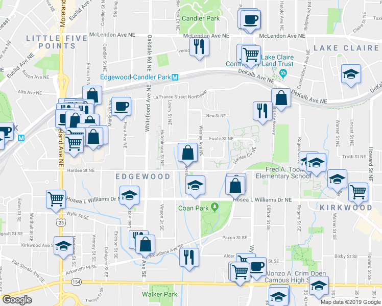 map of restaurants, bars, coffee shops, grocery stores, and more near 119 Mayson Avenue Northeast in Atlanta