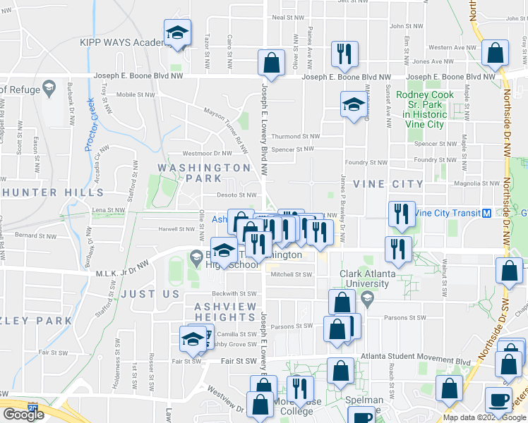 map of restaurants, bars, coffee shops, grocery stores, and more near Joseph East Lowery Blvd & Lena St NW in Atlanta
