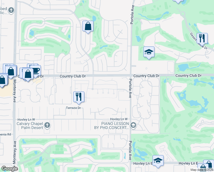 map of restaurants, bars, coffee shops, grocery stores, and more near 202 Piazza Di Sotto in Palm Desert