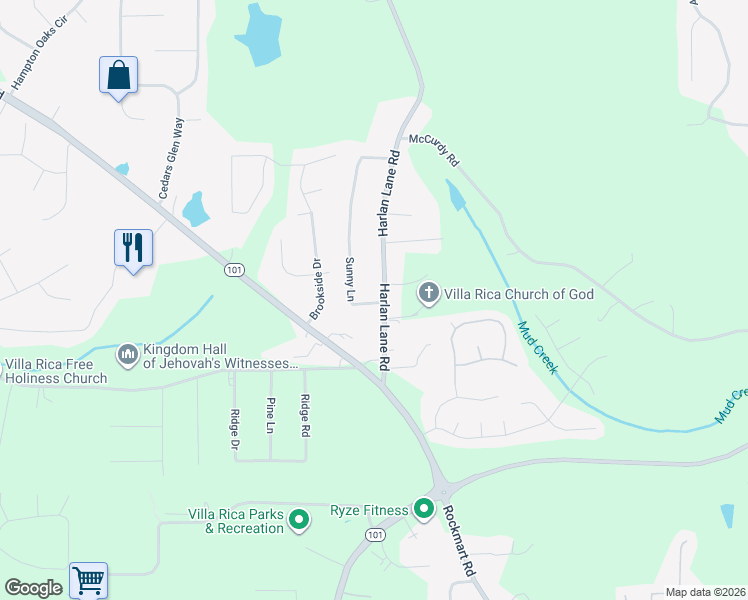 map of restaurants, bars, coffee shops, grocery stores, and more near 90 Harlan Lane Road in Villa Rica