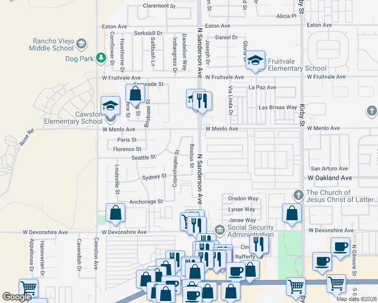 map of restaurants, bars, coffee shops, grocery stores, and more near 621 Boston Street in Hemet
