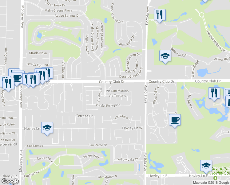 map of restaurants, bars, coffee shops, grocery stores, and more near 1707 Via San Martino in Palm Desert