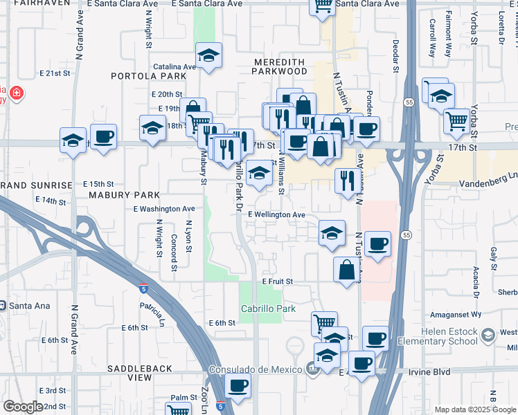 map of restaurants, bars, coffee shops, grocery stores, and more near 1345 Cabrillo Park Drive in Santa Ana