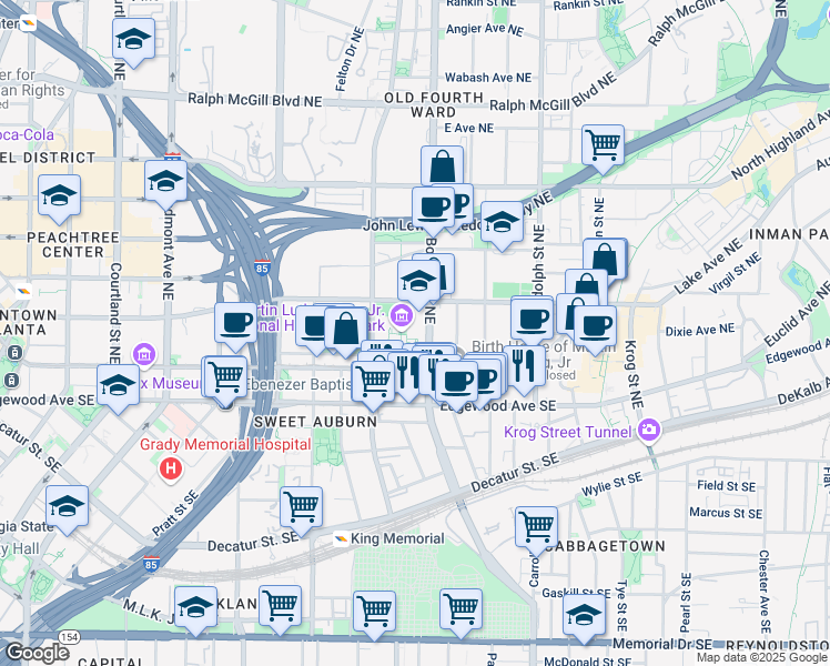 map of restaurants, bars, coffee shops, grocery stores, and more near 90 Boulevard Northeast in Atlanta