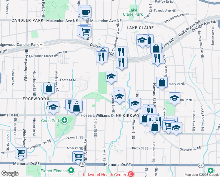 map of restaurants, bars, coffee shops, grocery stores, and more near 1725 Edgehill Manor Street Northeast in Atlanta