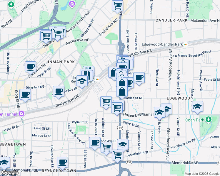 map of restaurants, bars, coffee shops, grocery stores, and more near 1119 Kensington Street Northeast in Atlanta