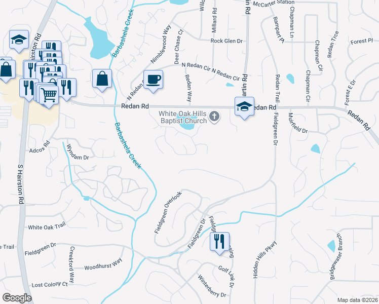 map of restaurants, bars, coffee shops, grocery stores, and more near 5028 Golfbrook Drive in Stone Mountain