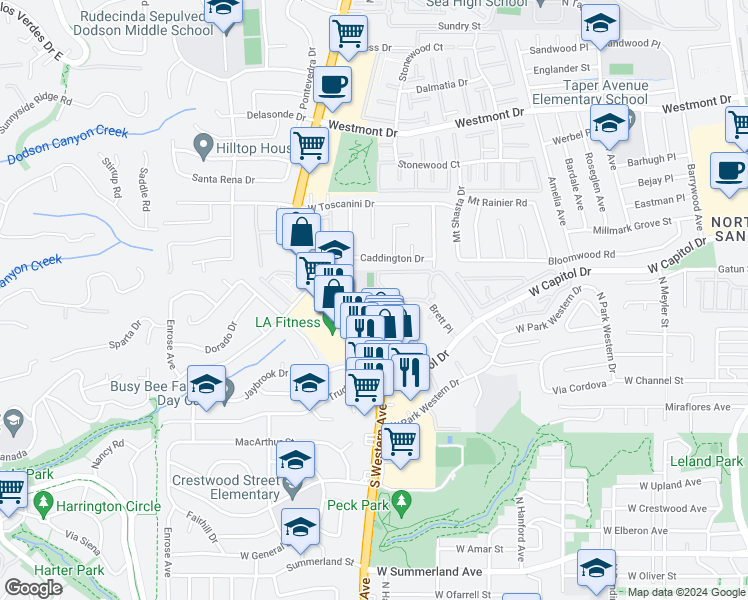 map of restaurants, bars, coffee shops, grocery stores, and more near 1450 Brett Place in Los Angeles County