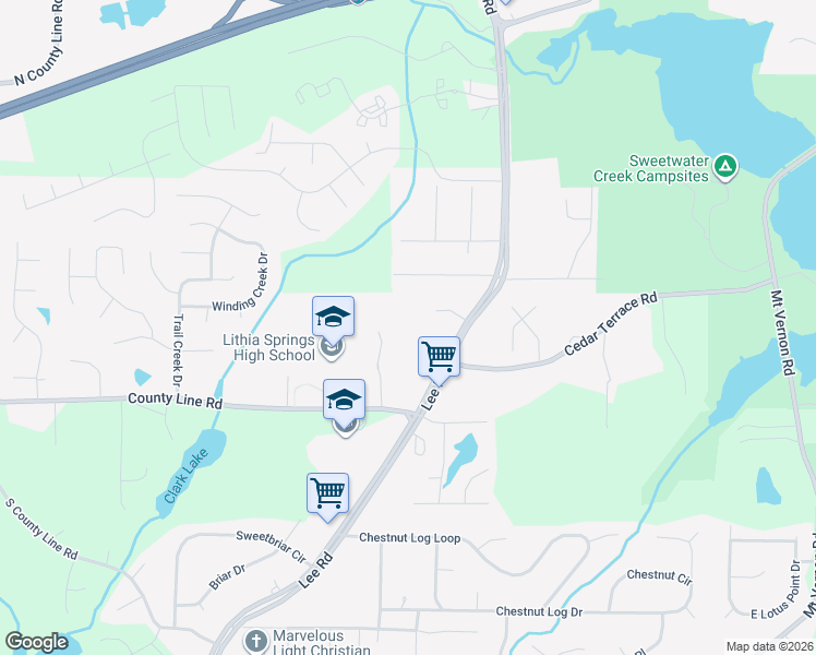 map of restaurants, bars, coffee shops, grocery stores, and more near 1815 Lee Road in Lithia Springs