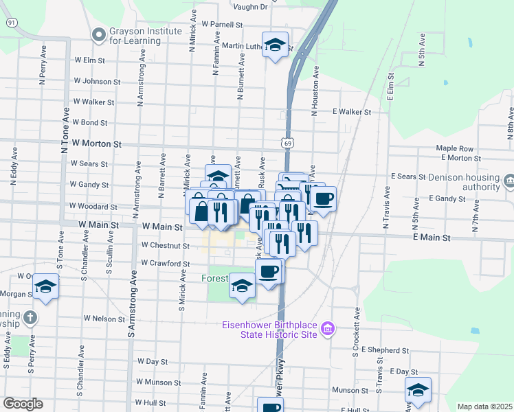 map of restaurants, bars, coffee shops, grocery stores, and more near 310 West Woodard Street in Denison
