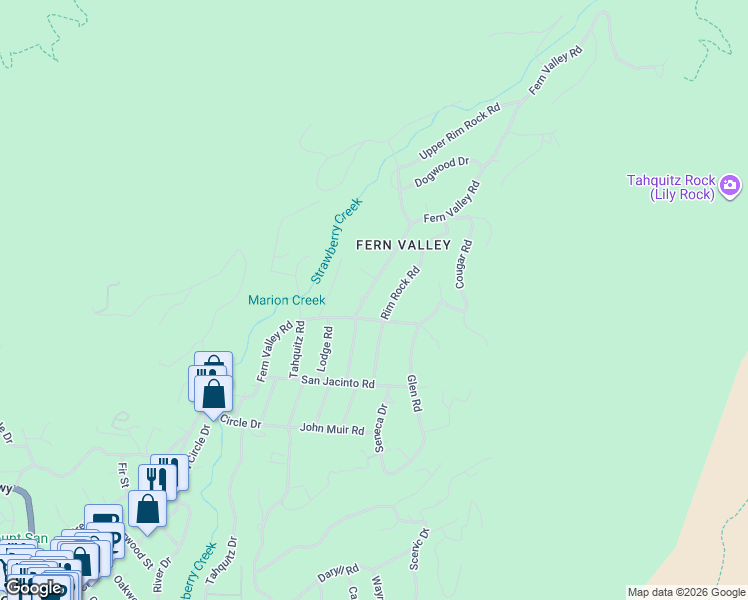 map of restaurants, bars, coffee shops, grocery stores, and more near 55145 Dickenson Road in Idyllwild-Pine Cove