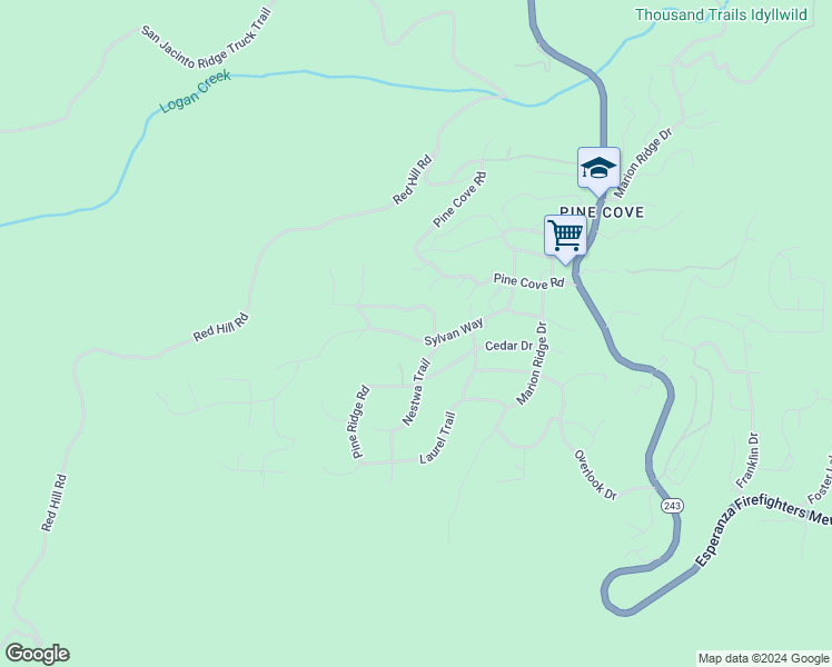 map of restaurants, bars, coffee shops, grocery stores, and more near 52580 Sylvan Way in Idyllwild-Pine Cove