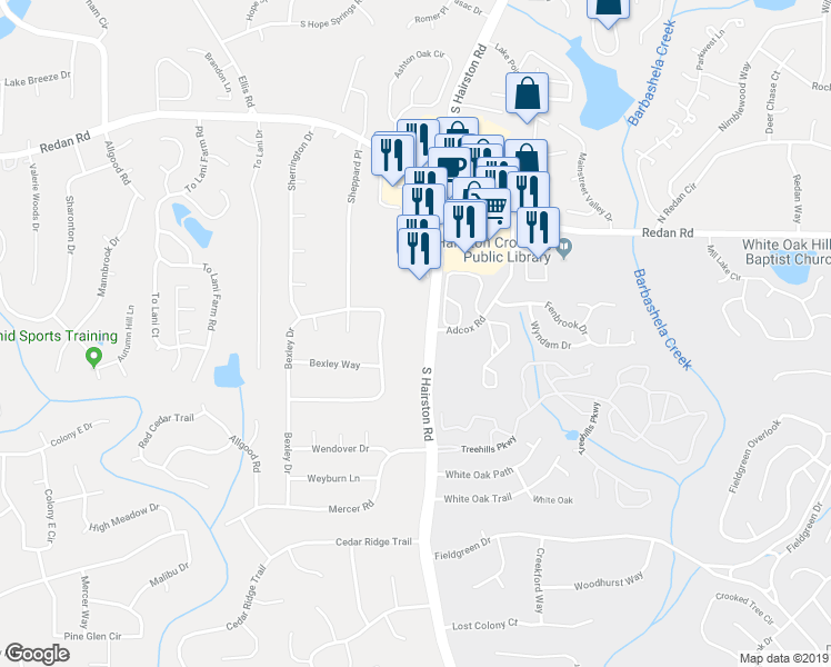 map of restaurants, bars, coffee shops, grocery stores, and more near 1337 South Hairston Road in Stone Mountain