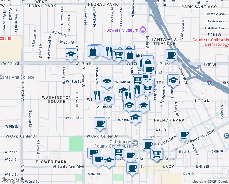 map of restaurants, bars, coffee shops, grocery stores, and more near 1327 North Ross Street in Santa Ana