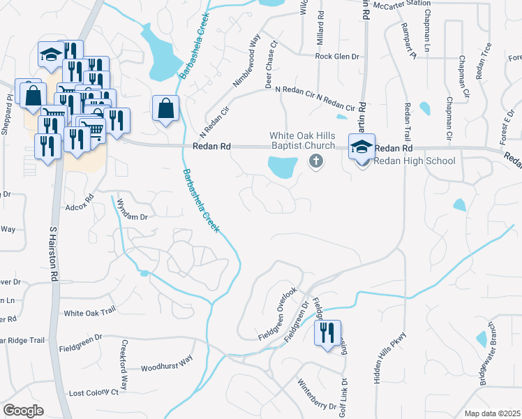 map of restaurants, bars, coffee shops, grocery stores, and more near 1362 Mill Lake Circle in Stone Mountain