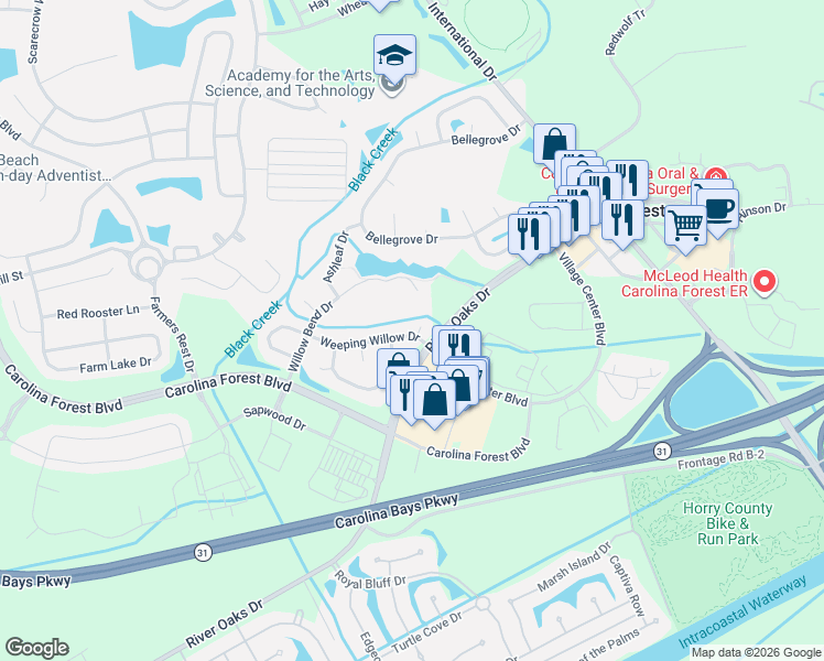 map of restaurants, bars, coffee shops, grocery stores, and more near 109 Weeping Willow Drive in Myrtle Beach