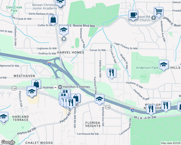 map of restaurants, bars, coffee shops, grocery stores, and more near 124 Fairfield Place Northwest in Atlanta