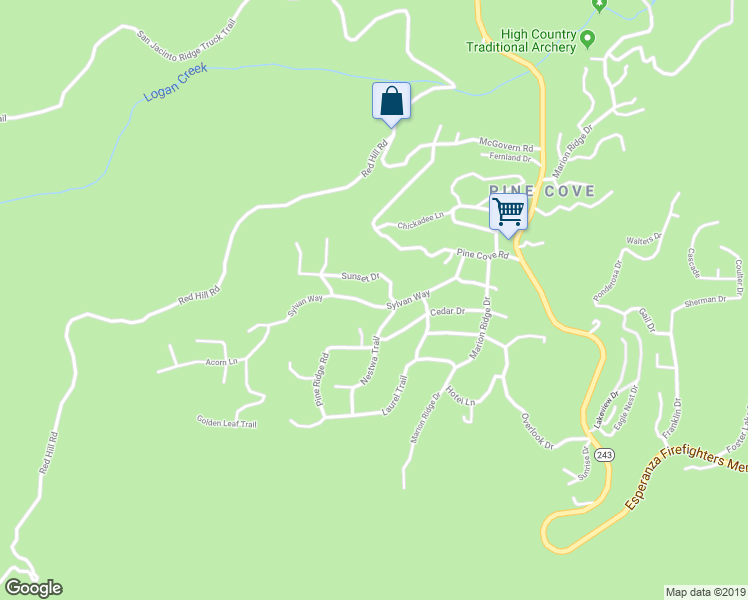 map of restaurants, bars, coffee shops, grocery stores, and more near 52580 Sylvan Way in Idyllwild-Pine Cove