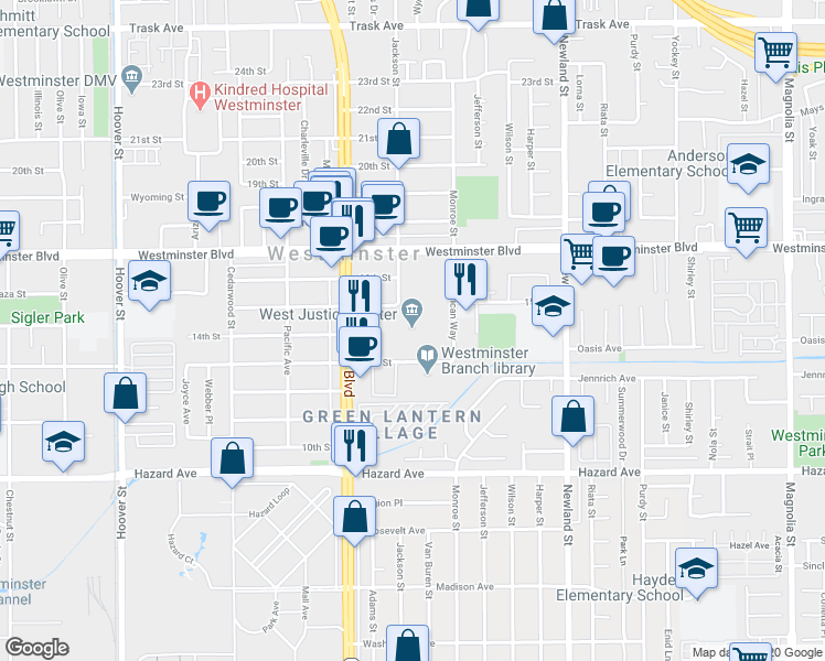map of restaurants, bars, coffee shops, grocery stores, and more near 8141 13th Street in Westminster