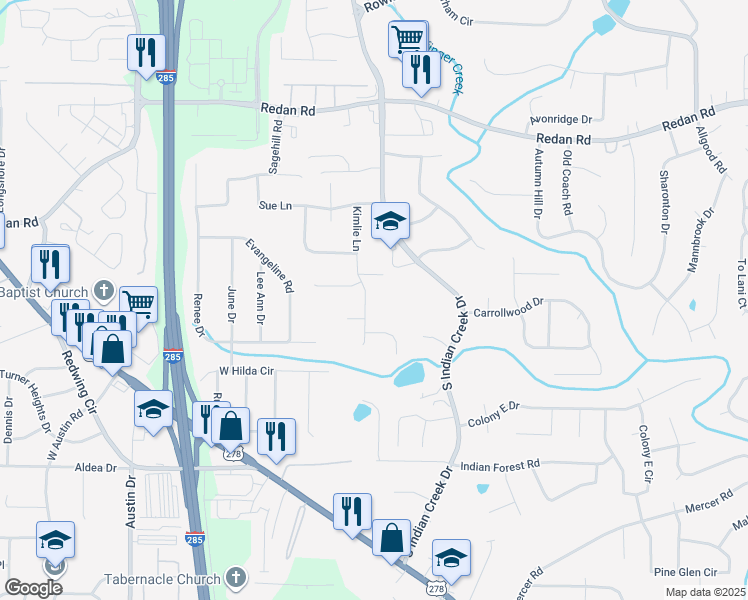 map of restaurants, bars, coffee shops, grocery stores, and more near 1284 Kimlie Lane in Decatur