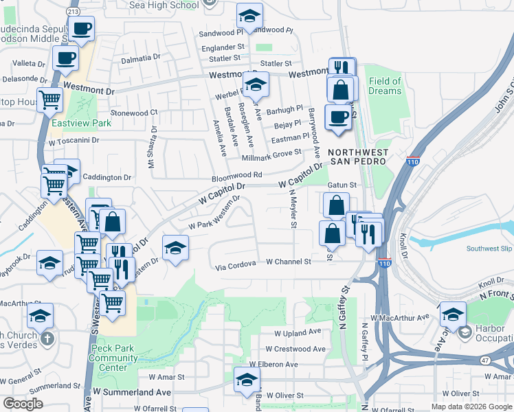 map of restaurants, bars, coffee shops, grocery stores, and more near 1224 North Park Western Drive in Los Angeles