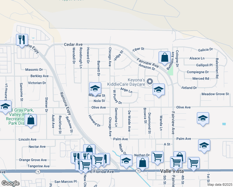 map of restaurants, bars, coffee shops, grocery stores, and more near 25156 West Posey Drive in Hemet