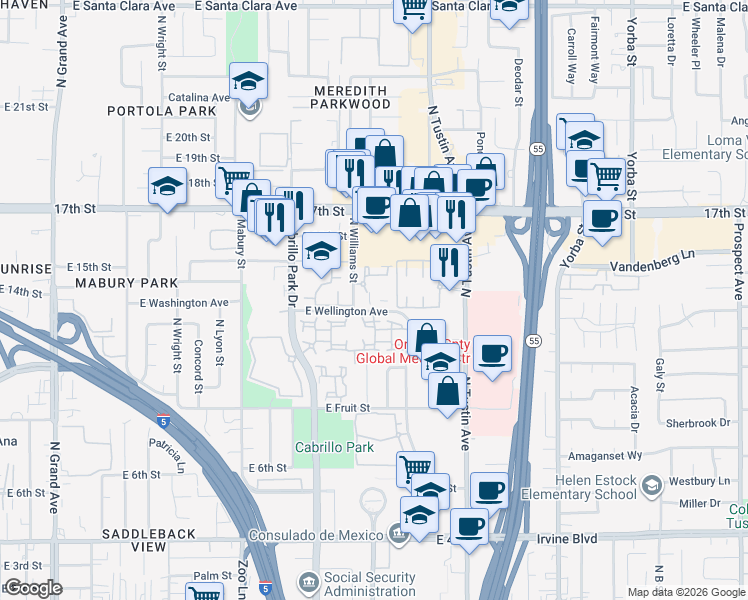 map of restaurants, bars, coffee shops, grocery stores, and more near 2002 Pope Court in Santa Ana