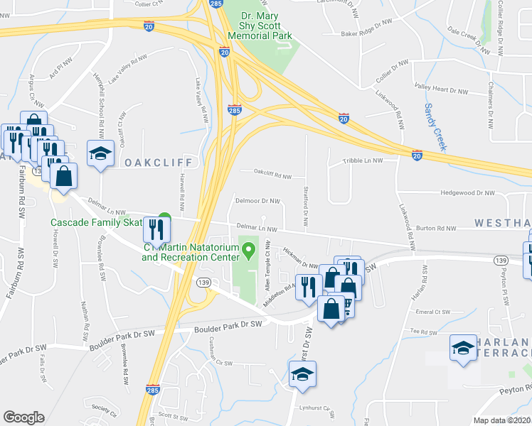 map of restaurants, bars, coffee shops, grocery stores, and more near 37 Delmoor Court Northwest in Atlanta