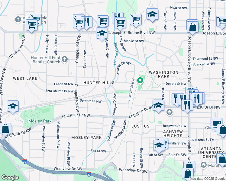 map of restaurants, bars, coffee shops, grocery stores, and more near 66 Burbank Drive Northwest in Atlanta